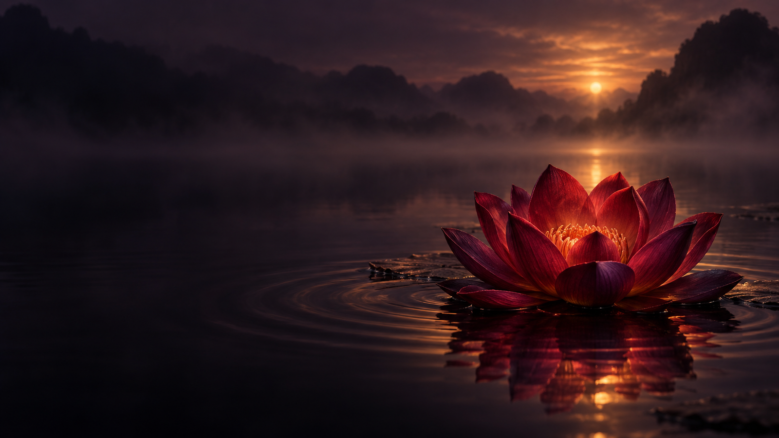 Lótus vermelho profundo sobre águas serenas ao entardecer